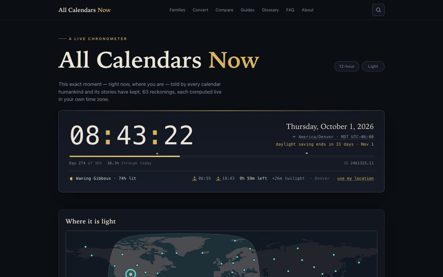 allcalendarsnow.com — dark live chronometer with the current moment across many calendars