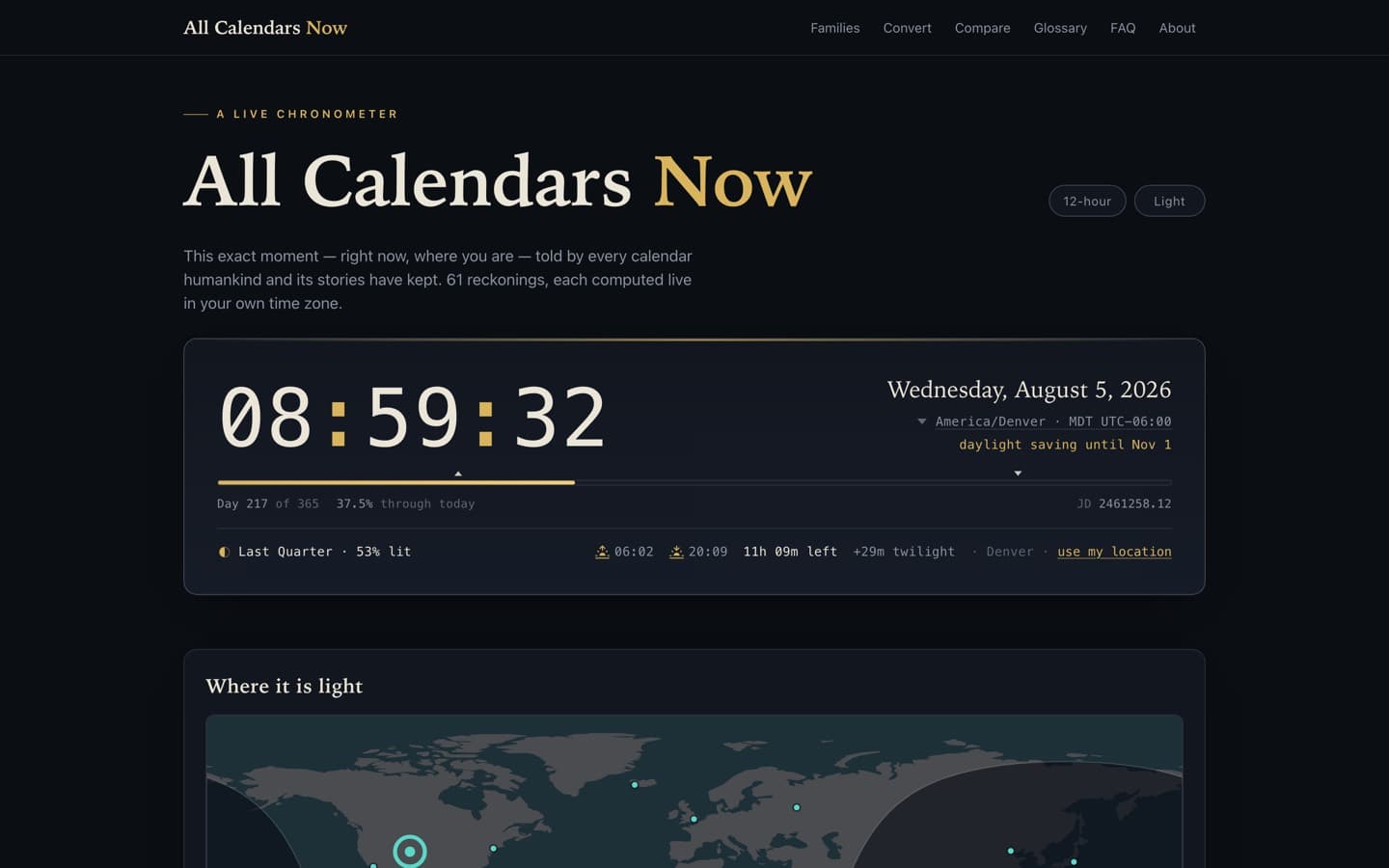 allcalendarsnow.com — dark live chronometer with the current moment across many calendars