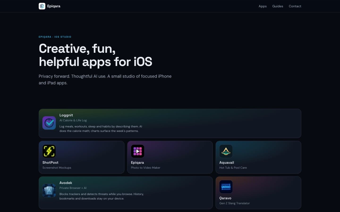 epiqara.app — the Epiqara studio site with its app catalog