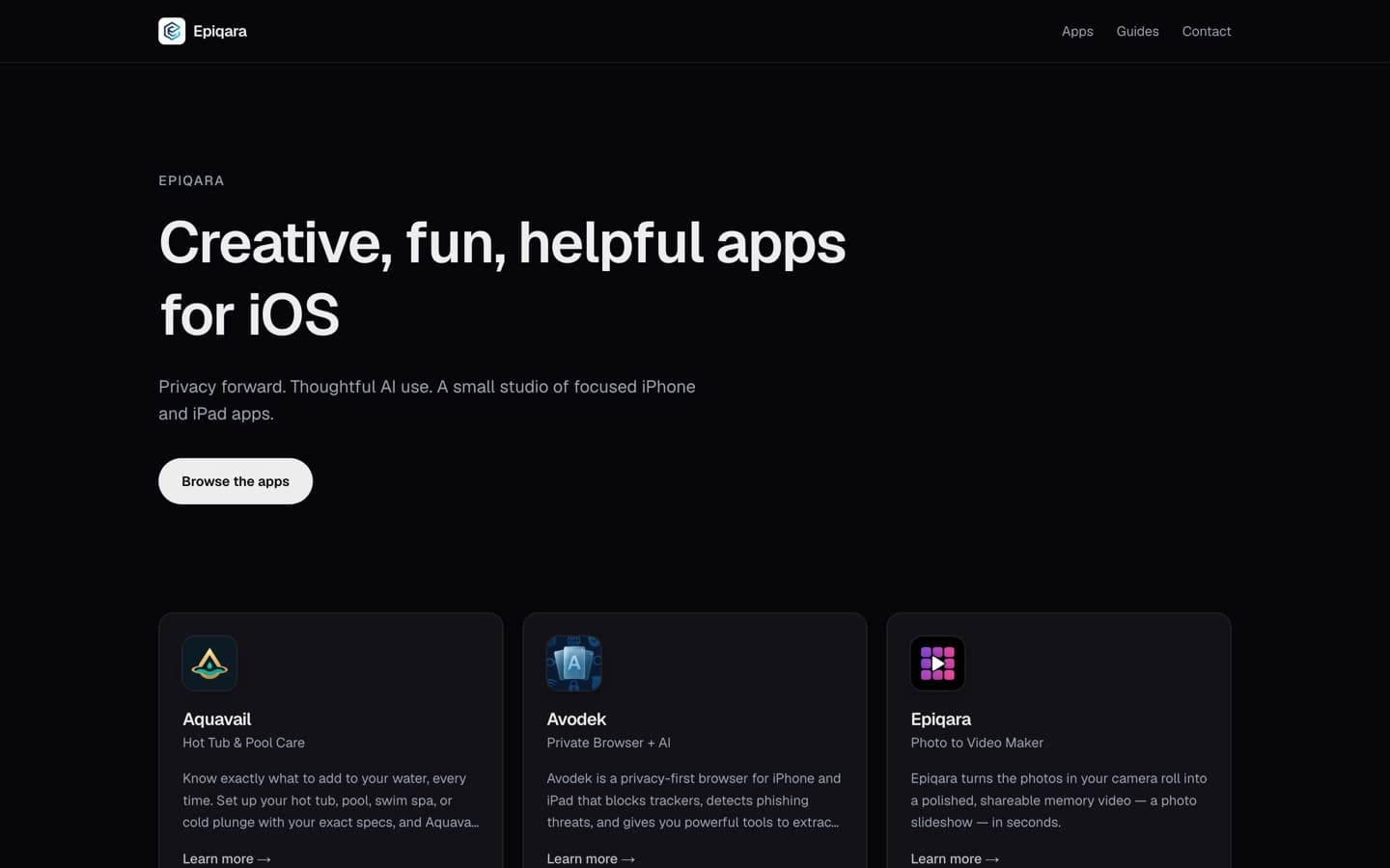 epiqara.app — the Epiqara studio site with its app catalog