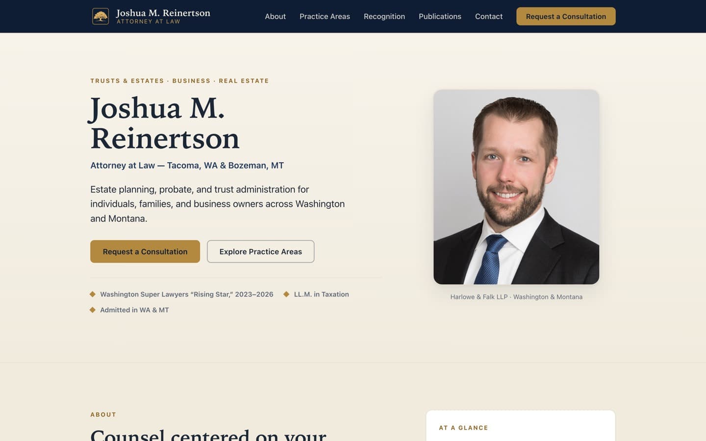 jmreinertson.com — navy and gold attorney site with portrait and practice areas