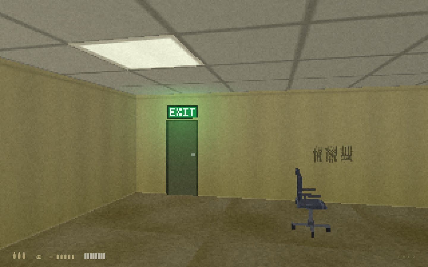 nooutlet.app — Level 0: a lit EXIT sign over a green door, tally marks on the yellow wallpaper, and an office chair turned toward the way out